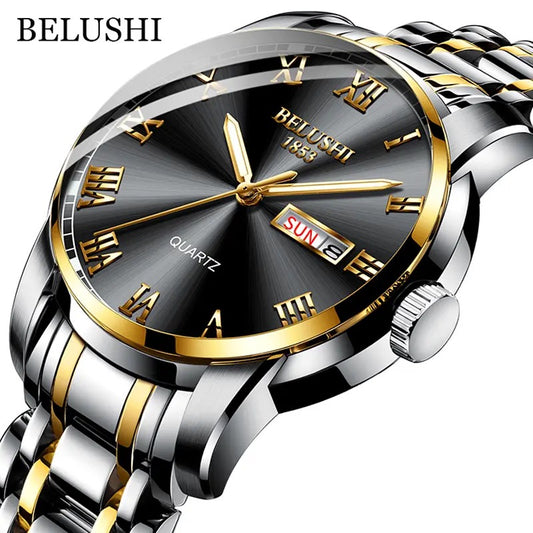 BELUSHI-Reloj de pulsera de cuarzo deportivo para hombre, cronógrafo de acero inoxidable con fecha, luminoso, resistente al agua, de lujo